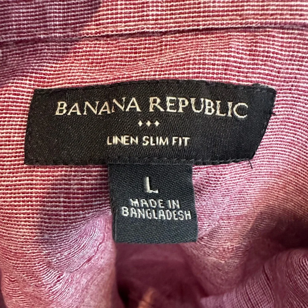 Banana Republic Mens Linen Slim Fit Shirt Long Sleeve Red Micro Stripe Large